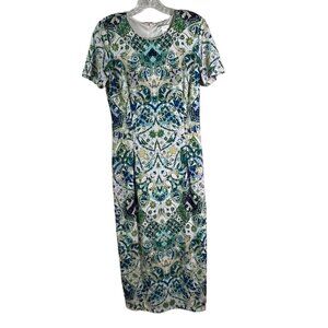 London Times Women's Short Sleeve Zippered Floral Dress Green & Blue Size 10